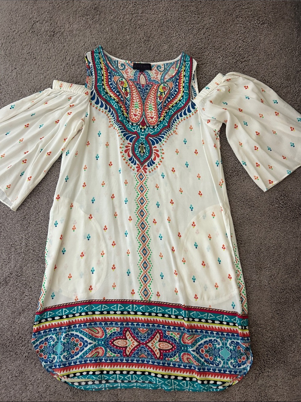 Hale Bob Boho White Tunic Cotton Dress with Multicolor Pattern
